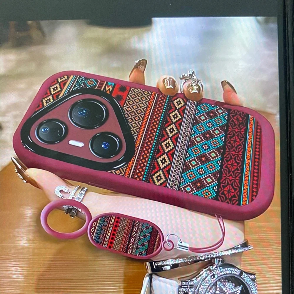 Patterned Phone Case with Ring Holder - Red and Black