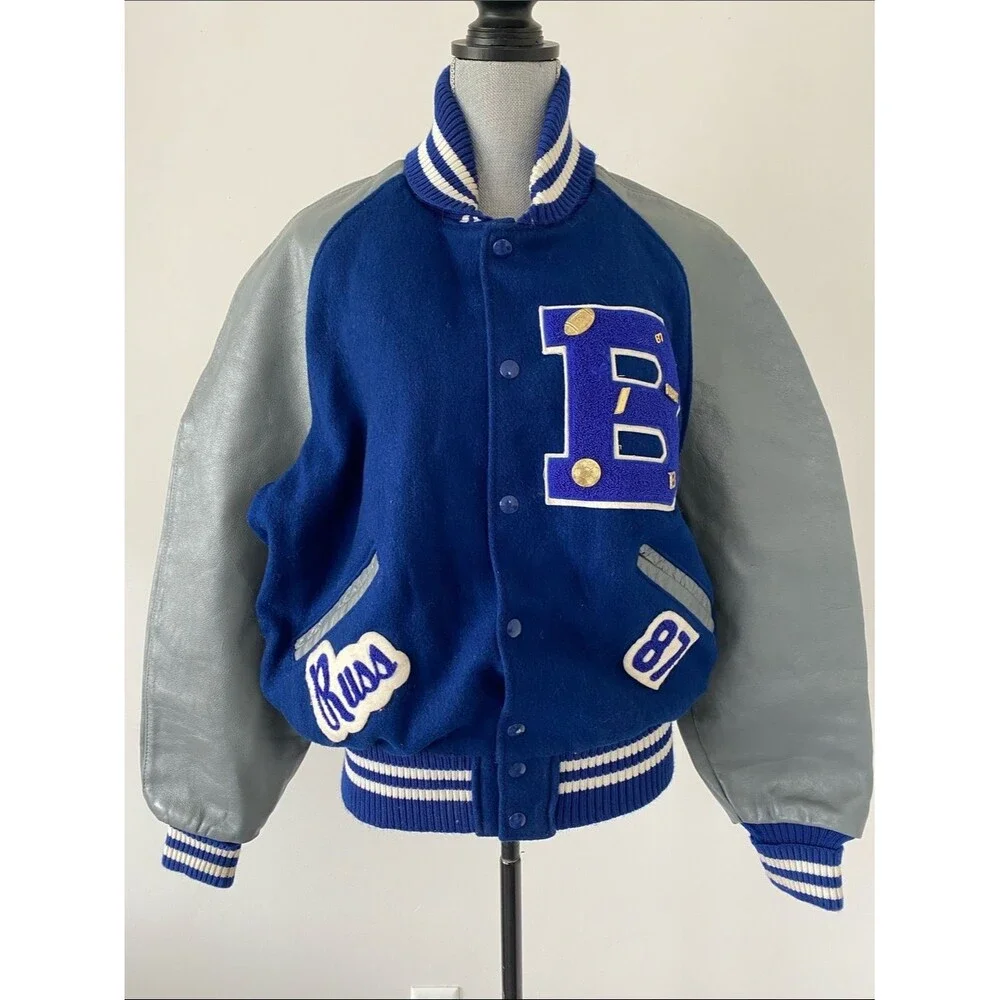 Vintage 80’ DeLONG Mens Varsity Letterman Jacket Wool Leather 46 L/XL Blue Grey