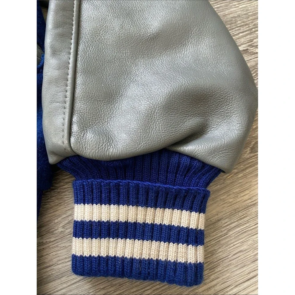Vintage 80’ DeLONG Mens Varsity Letterman Jacket Wool Leather 46 L/XL Blue Grey