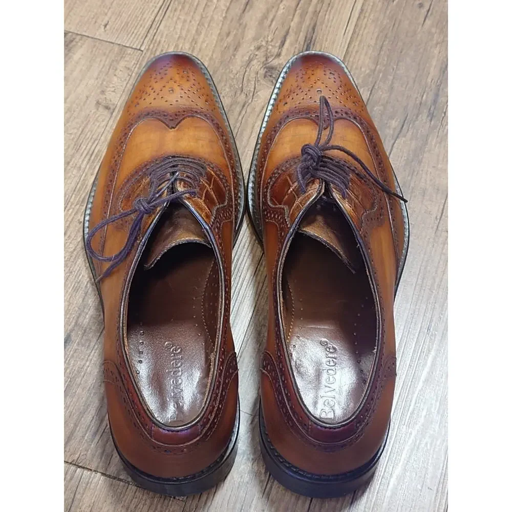 Belvedere Alligator Men’s Oxford 11B Brown Burnished Leather Dress Shoe