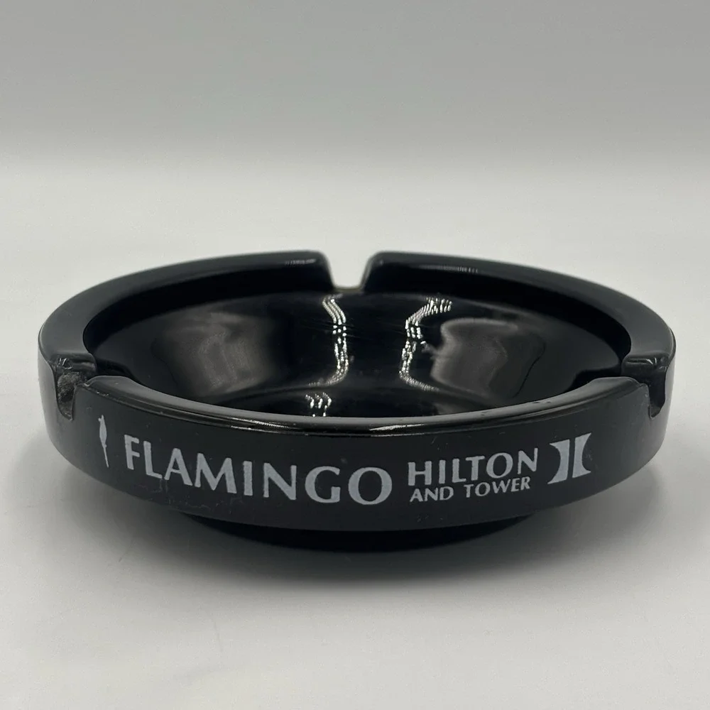Flamingo Hilton and Tower Cigarette‎ Cigar Ashtray Las Vegas Casino Black Glass