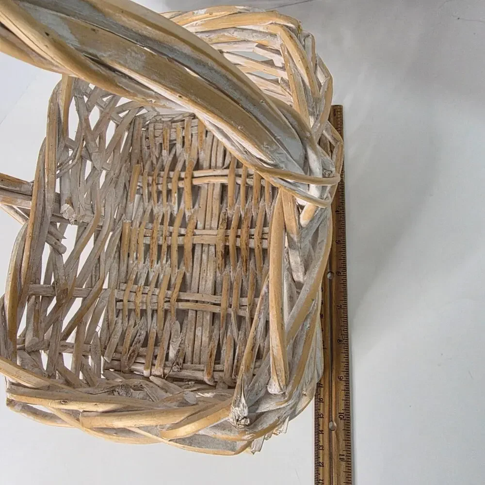 Whitewashed Wicker Basket Tall Handle Rustic Farmhouse Cottagecore Decor 11in