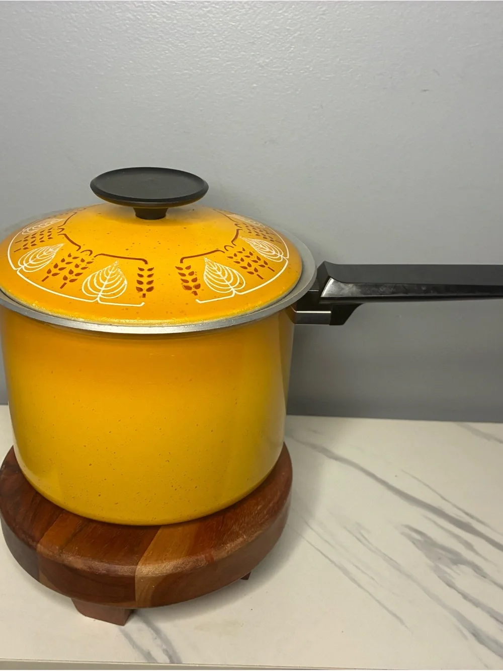 Harvest Gold Aluminum Saucepan With Lid Wheat Leaf Pattern Vintage 1970s