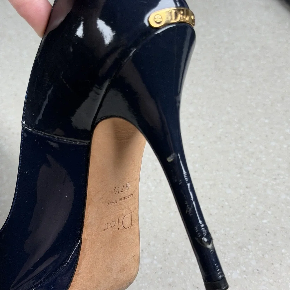 Christian Dior Miss Dior Open Toe Patent Leather Navy Heel‎ Pump Shoes Sz 37.5