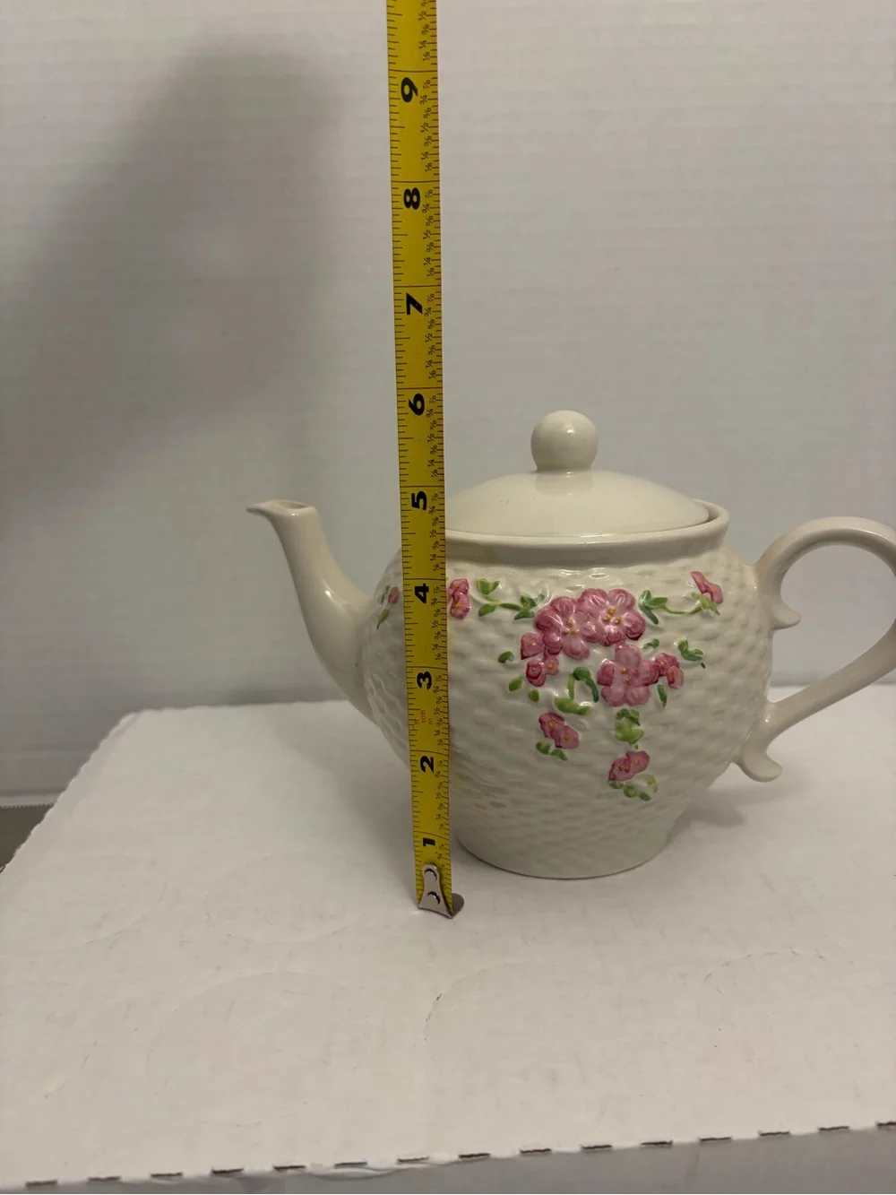 Vintage 1985 Teleflora Gift Ceramic Teapot - White Basketweave with Pink Flowers