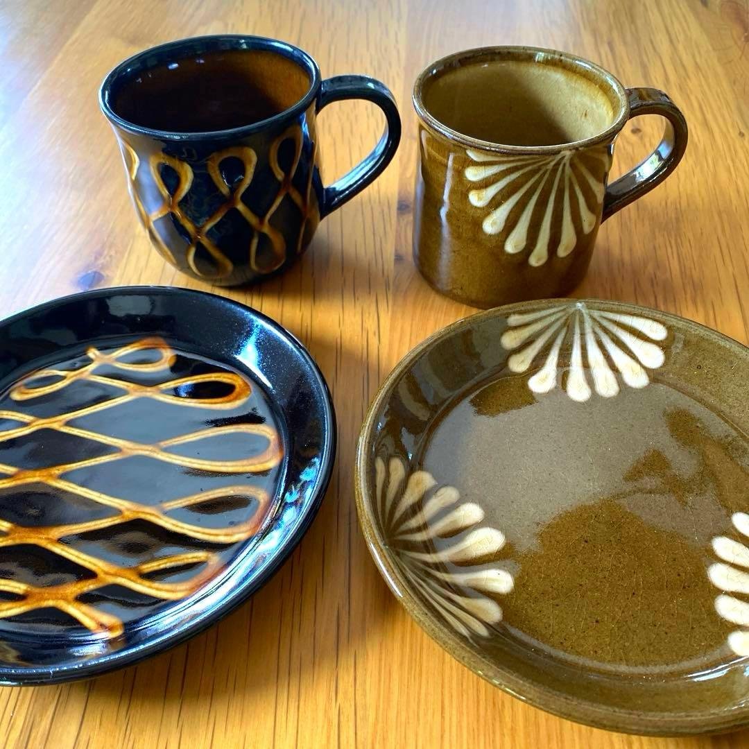 Mino Ware Slipware Cup, Plate, Saucer Set - Black, Brown, Fireworks